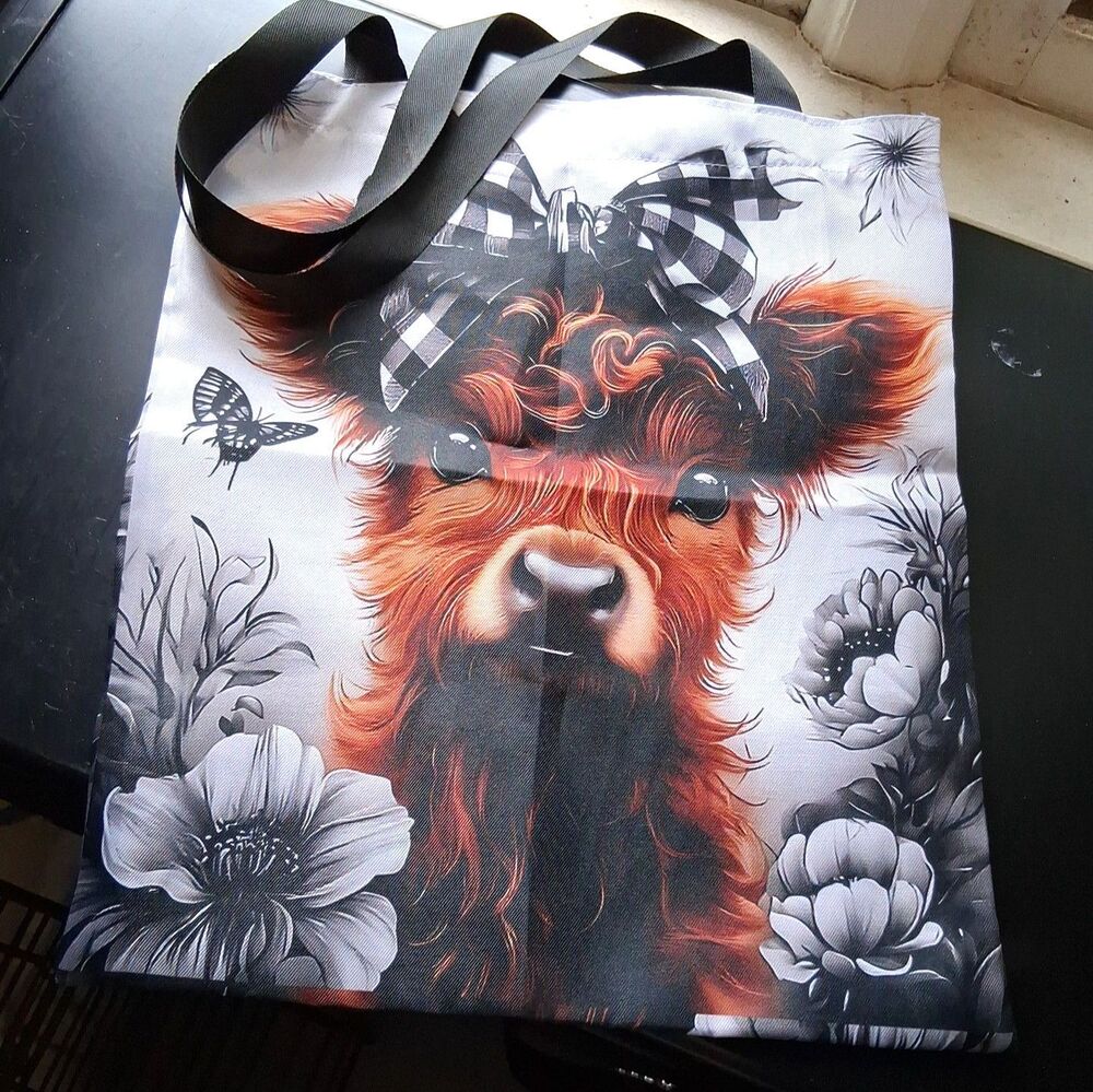 417 Highland Cow Small Tote Bag Gingham Bow
